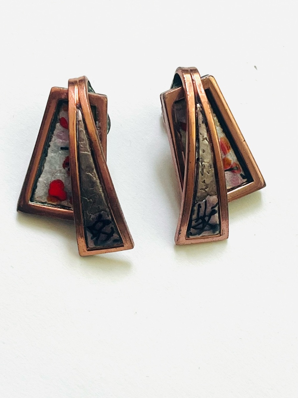 Copper-Tone Abstract Triangular Enamel Clip-On Earrings - Copper